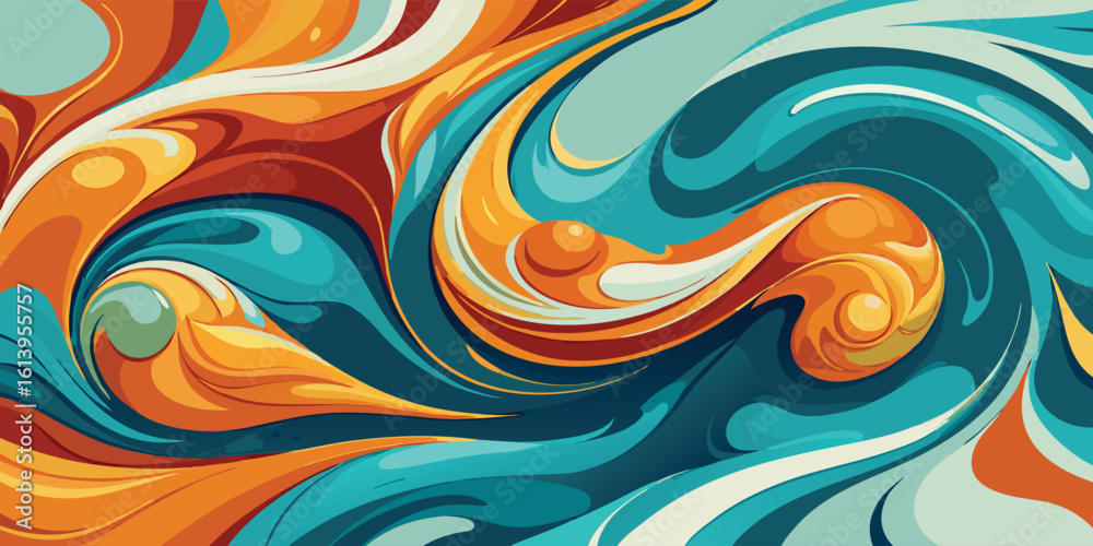 Obraz premium Abstract painting featuring vibrant orange, yellow, and blue colors blending together in a dynamic composition..eps