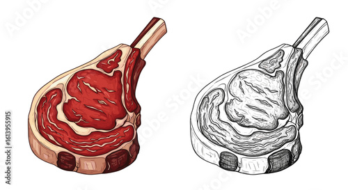 Visual comparison of a marbled beef rib chop raw cut versus a detailed ink line drawing sketch