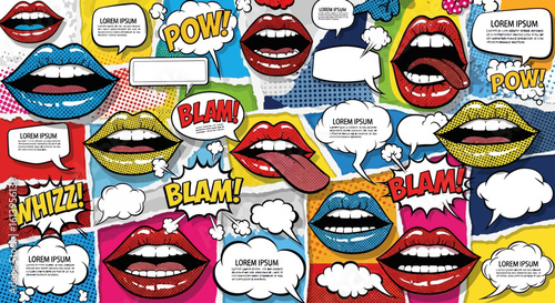 Retro Communication Collage Elements. Dotted halftone vector set featuring open mouths, chat icons, bold quotes, speech clouds, and grainy paper cut-out textures in pop art style.