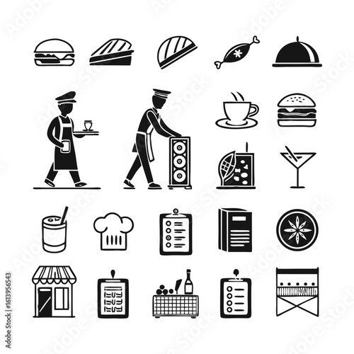 Editable Restaurant Icon Collection | Minimalist Outline Icons Featuring Table Booking, Meal Categories, Food, Beverage, and Kitchen Elements