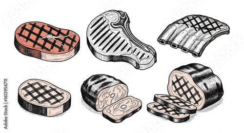 A collection of delicious grilled meat cuts featuring steak and chops perfect for your next barbecue or culinary creation