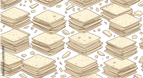 Seamless pattern of isometric stacked square food items with small crumb details creating a textured background for design projects
