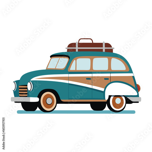 Retro 1940s Family Station Wagon with Luggage Rack – Classic Vintage Car Illustration for Nostalgic Travel and Automotive-Themed Design Projects in Vector Format