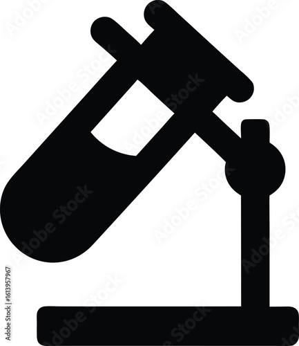 Black and white illustration of a test tube in a stand for laboratory science and experimentation and research studies
