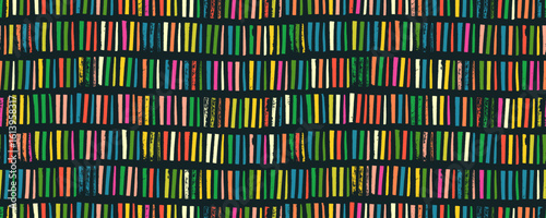 Colorful funky seamless pattern with brush drawn vertical stripes and dashes. Kid's regular lines background.