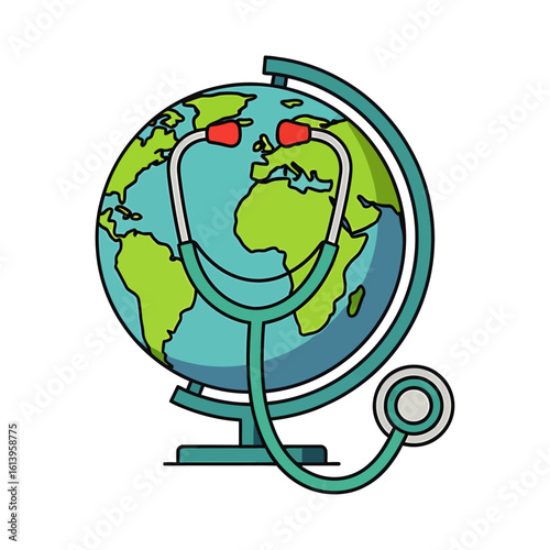 Cartoon vector design illustrating a globe with a stethoscope wrapped around it promoting global health awareness featuring bright blue green and red colors with bold outlines