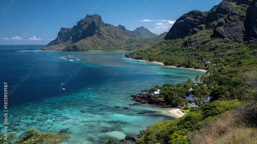 Naklejka premium A stunning view of a tropical island surrounded by the vast ocean, featuring boats floating and majestic mountains in the backdrop