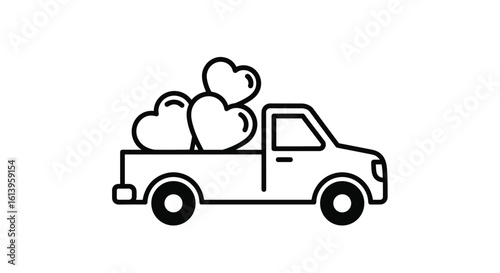 A charming outline drawing of a pickup truck carrying a load of heart shaped balloons representing love and affection being delivered