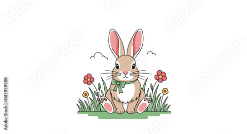 Adorable easter bunny sitting amongst spring flowers and greenery awaiting the holiday celebrations