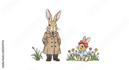 Two adorable rabbits dressed in spring attire enjoying a sunny day amidst colorful flowers and green grass awaiting easter celebrations