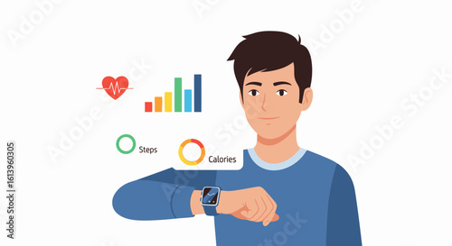 Smartwatch user monitoring health stats like heart rate, steps, and calories burned daily