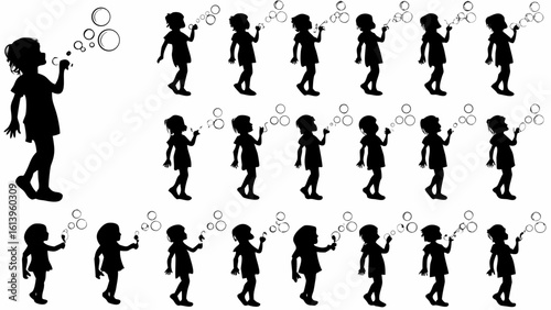 Silhouette of girls blowing bubbles in various poses and arrangements against a white background design vector