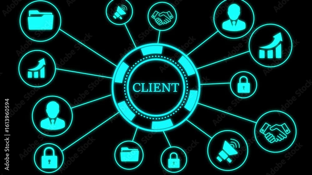 client concept button on a futuristic ,beautiful abstract wave technology background, Satisfied customer review online, man at computer rating website experience using a virtual touch screen