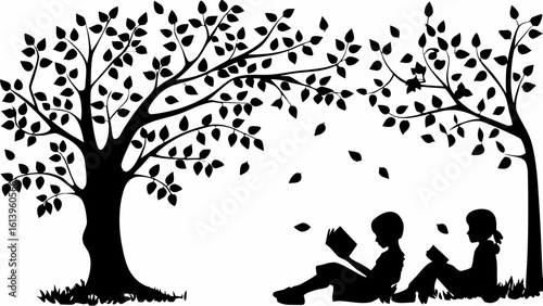 Silhouette of two children reading books under trees with falling leaves in a monochrome illustration