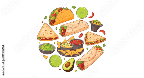 Delicious mexican food fiesta featuring tacos burritos guacamole nachos and fresh limes