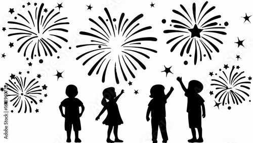 Silhouettes of children watching fireworks display with stars in the night sky celebration scene vector art