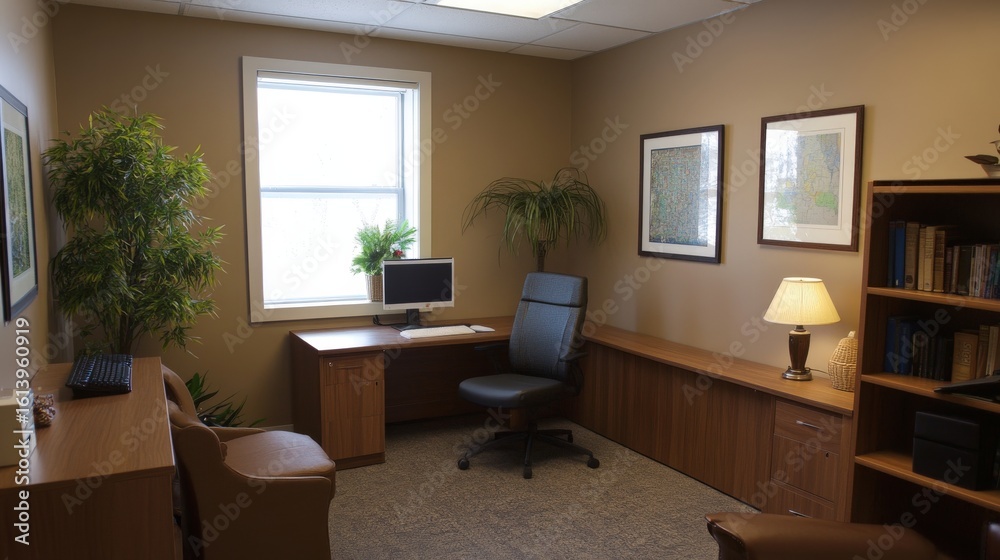 Fototapeta premium Small, well-lit office space with a window and comfortable furnishings.