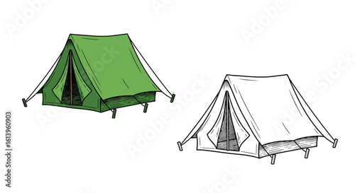 Illustrations of a green camping tent and its outline providing essential shelter for outdoor adventures and wilderness exploration experiences