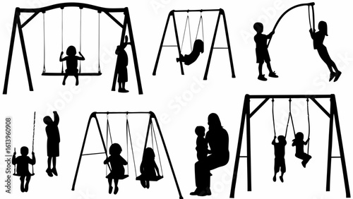 Silhouette illustration of children playing on swings in a playground with a mother holding a child watching on