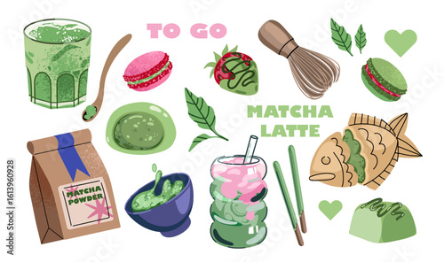 Matcha tea and latte set. Matcha powder, tea leaves, macarons, spoon, traditional cup, whisk, tools for Japanese ceremony. Matcha green tea ceremony. Flat vector