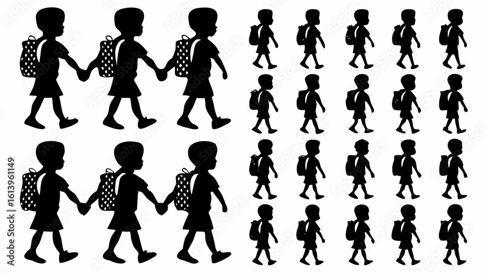 Fototapeta premium Silhouette illustration of children with backpacks walking and holding hands in a repeating pattern design