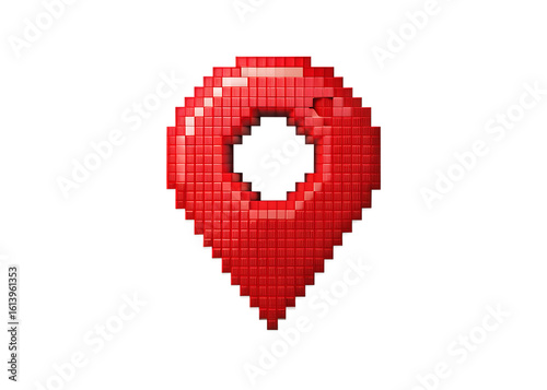 Pixelated red map pin icon on a black background representing location
