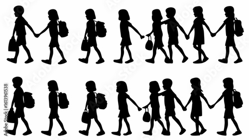 Silhouette of children walking hand in hand with bags and backpacks in two rows on a white background