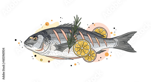 Delicious grilled fish served with fresh lemon and aromatic herbs for a savory seafood experience