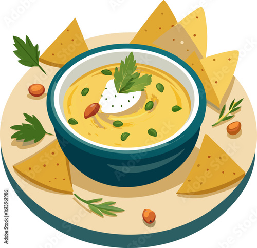 Hummus bowl with olive oil, herbs, and pita chips icon