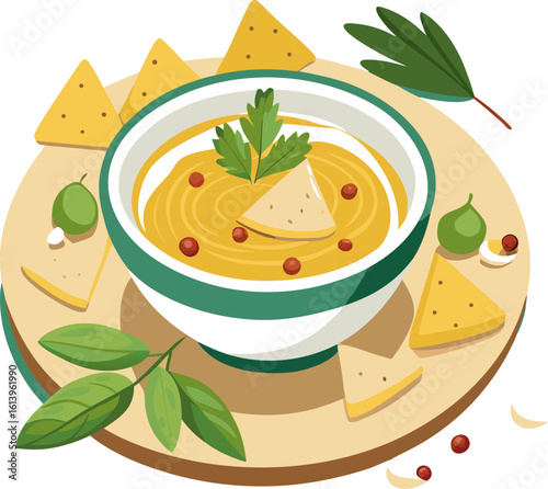 Hummus bowl with olive oil, herbs, and pita chips icon