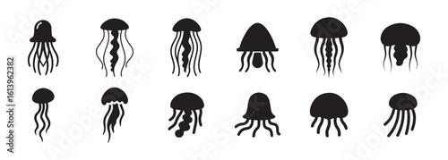 Jellyfish Silhouette Set, A playful collection of  black vector icons showcasing diverse jellyfish shapes with varying tentacle styles
