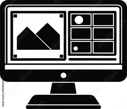 Computer monitor displaying graphic design software silhouette isolated on transparent background