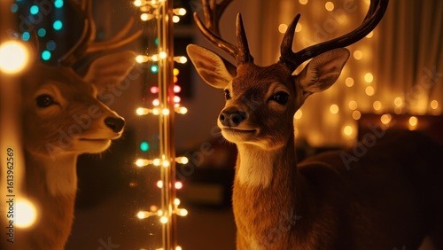 Two deer with antlers stand before an ornate mirror adorned with small festive lights. One deer looks directly at its reflection, while the other appears within the mirror, 