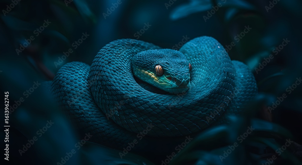 Fototapeta premium A coiled blue viper with striking yellow eyes rests on a mosscovered branch in the dark, mysterious jungle