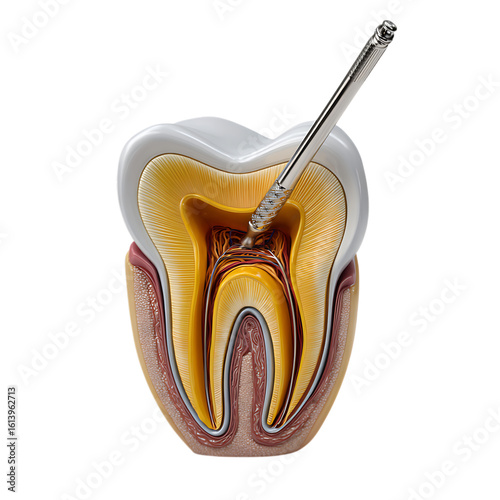 Cross section of a tooth undergoing root canal treatment isolated on transparent background