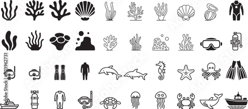 Marine life and diving equipment icons coral seaweed