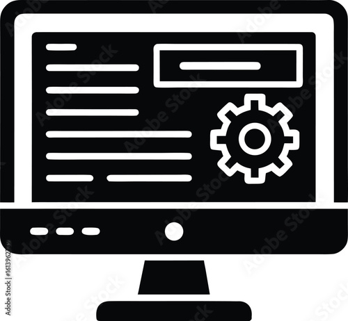 Computer monitor displaying settings and gear icon silhouette isolated on transparent background