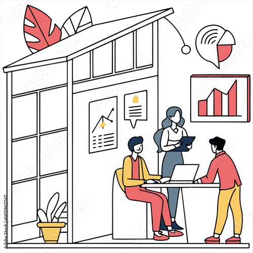 coworking space team collaboration office illustration modern workplace business meeting flat design minimalist vector art