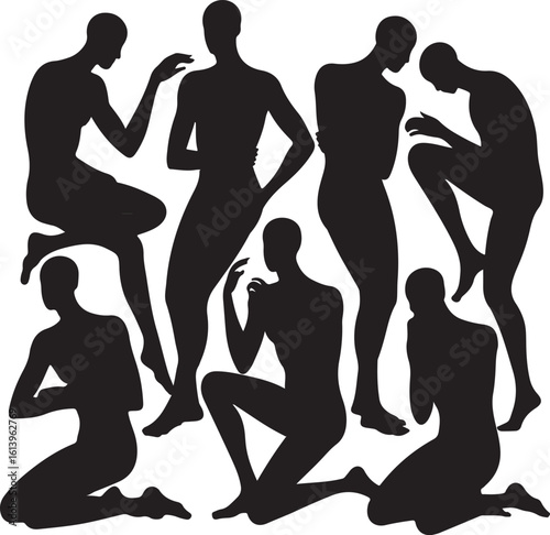 WebDiverse male figures in dynamic poses captured as stark black silhouettes against a white background