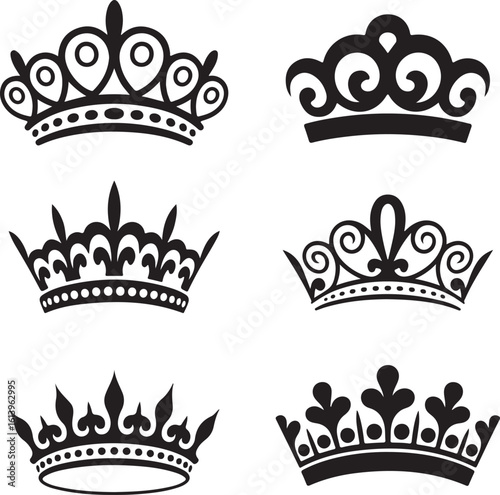 WebCollection of ornate royal crowns displayed as black silhouettes on a white background silhouette