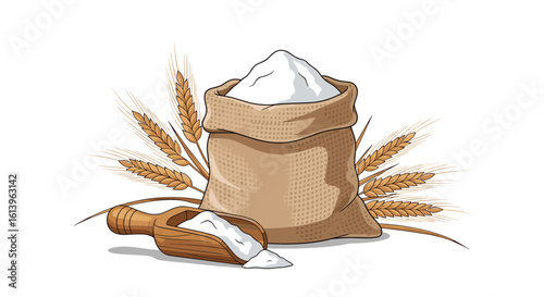 A rustic sacking bag filled with fine white flour accompanied by a wooden scoop and freshly harvested wheat stalks providing a natural rustic baking ingredient
