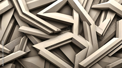 Abstract, geometric, 3D design of overlapping, light beige shapes, creating a chaotic, yet structured visual.  Sharp lines and angles dominate