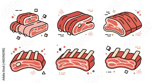 A collection of six stylized illustrations showcasing different cuts of meat including pork chops and ribs