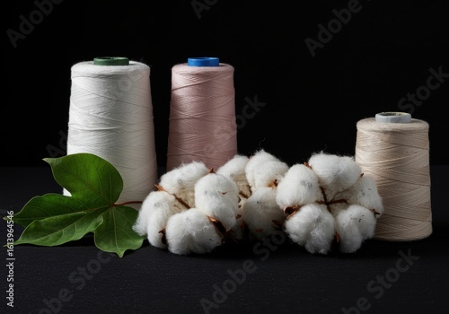 Close-up of raw cotton bolls with green leaves and spools of natural cotton threads, symbolizing sustainable and eco-friendly textile production.

