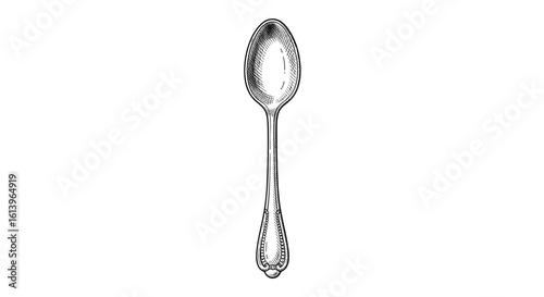 An antique silver spoon with intricate engraving on the handle and a beautifully shaped oval bowl