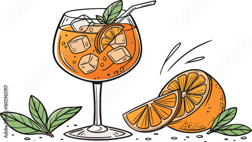 Vibrant orange aperol spritz cocktail with ice cubes against an isolated transparent setting. a detailed vector illustration of a refreshing cocktail in a large stemmed glass.