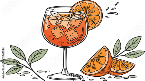 Vibrant orange aperol spritz cocktail with ice cubes against an isolated transparent setting. a detailed vector illustration of a refreshing cocktail in a large stemmed glass.