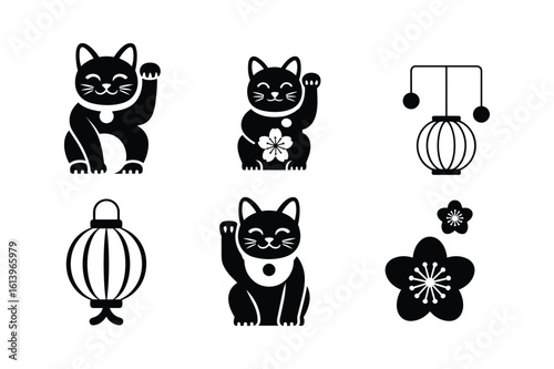 Lucky cat lantern plum blossom silhouette icons maneki neko flower