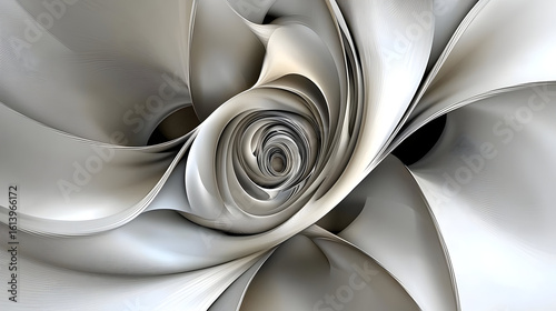 Abstract swirling shapes in light gray tones, creating a dynamic and textured design with flowing folds and a central vortex.  Intricate patterns of overlapping forms