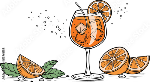 Vibrant orange aperol spritz cocktail with ice cubes against an isolated transparent setting. a detailed vector illustration of a refreshing cocktail in a large stemmed glass.